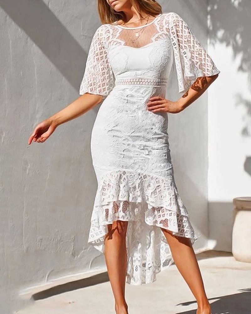 

Flutter Sleeve Crochet Lace Layered Mermaid Evening Dress, White