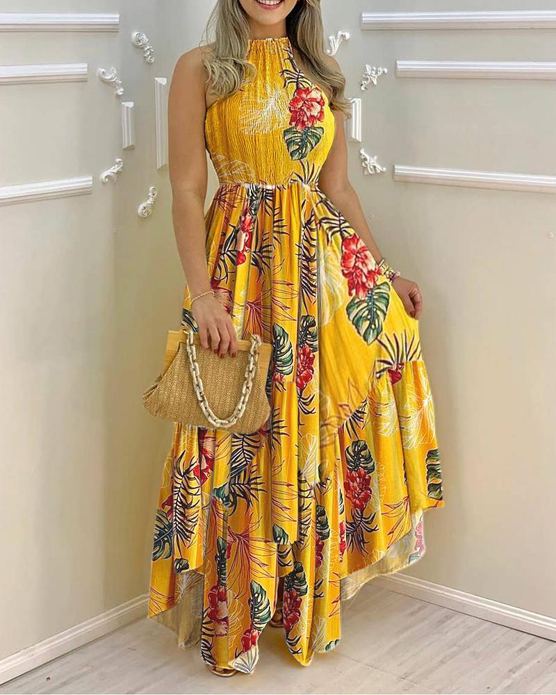 

Tropical Print Sleeveless Ruched Maxi Women Dress, Yellow