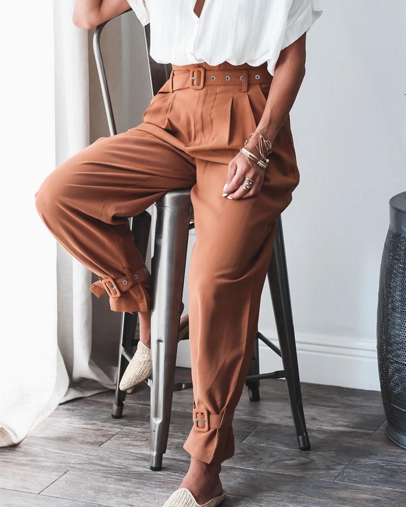 

Pocket Design Buckled High Waist Casual Pants, Khaki