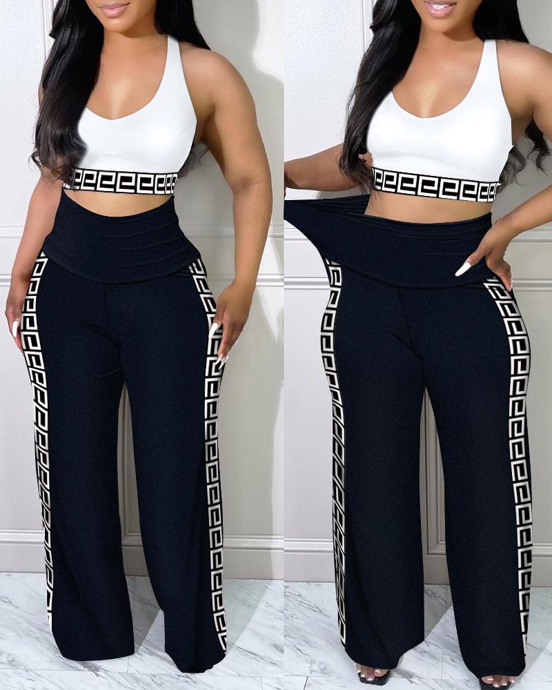 

Geometric Trim Crop Tank Top & High Waist Pants Set, Blackwhite
