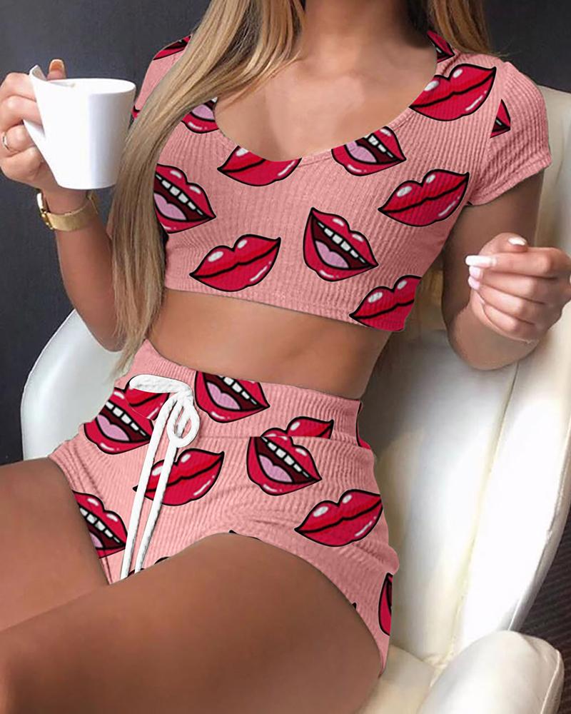 

Lip Print Short Sleeve Drawstring Pajamas Set, Pink