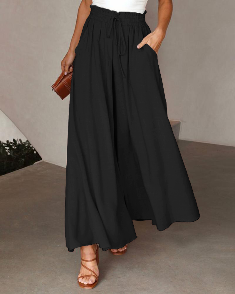 

Drawstring High Waist Wide Leg Pants, Black