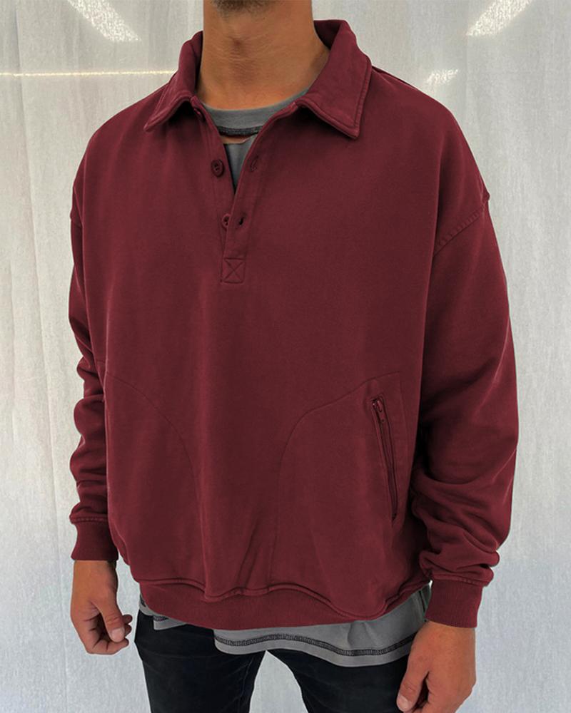 

Solid Color Long Sleeve Sweatshirt Polo Shirt, Wine red