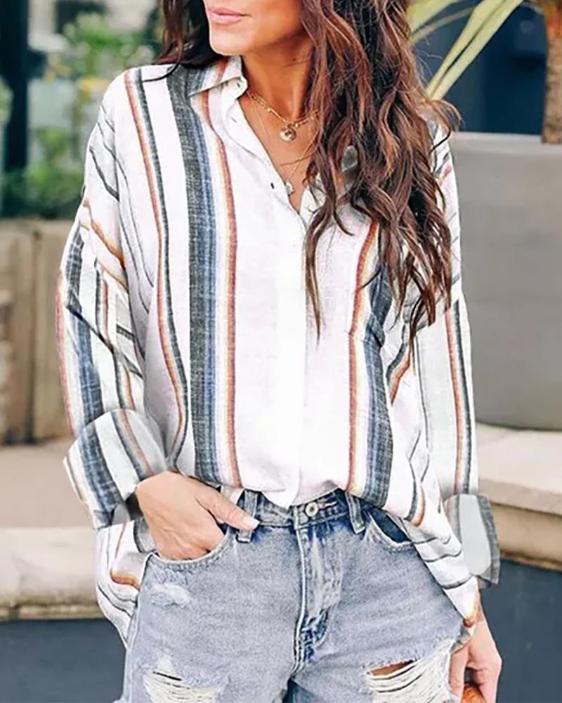 Striped Print Long Sleeve Button Design Casual Shirt