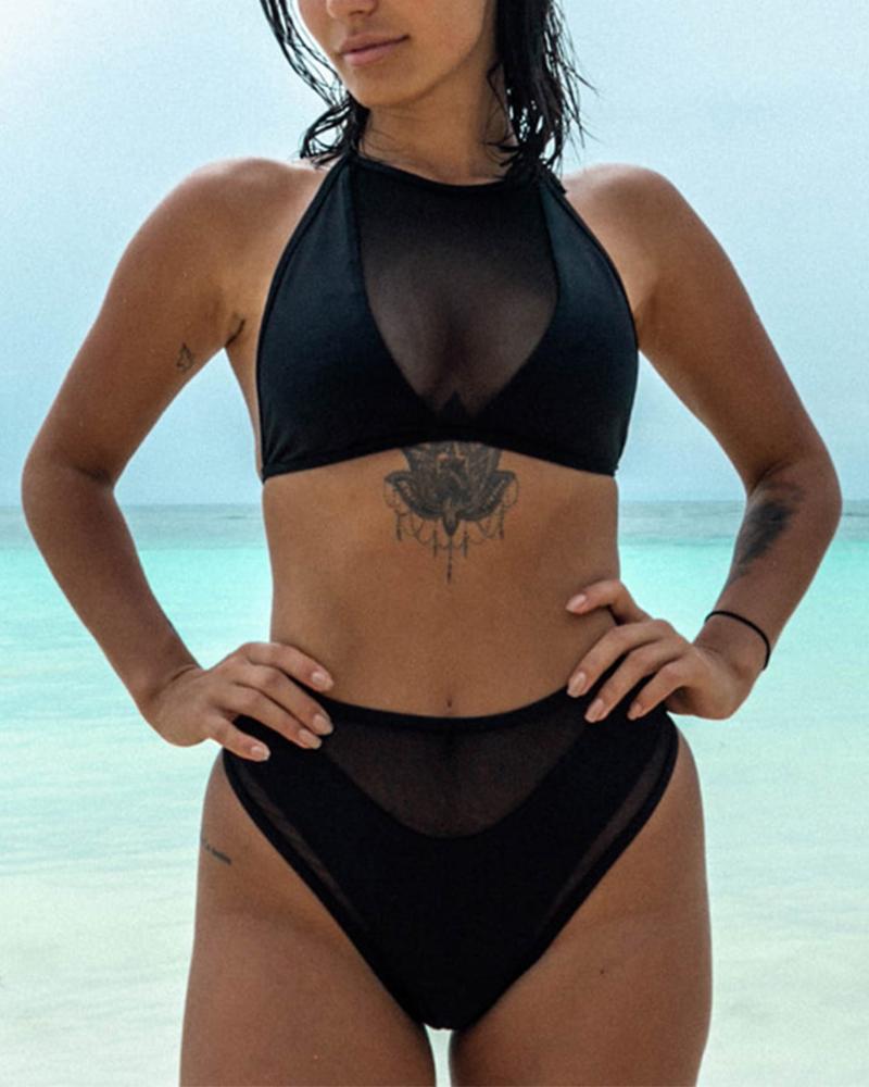 

Solid Mesh Patchwork Sleeveless Skinny Bra With Panties Bikini Sets, Black