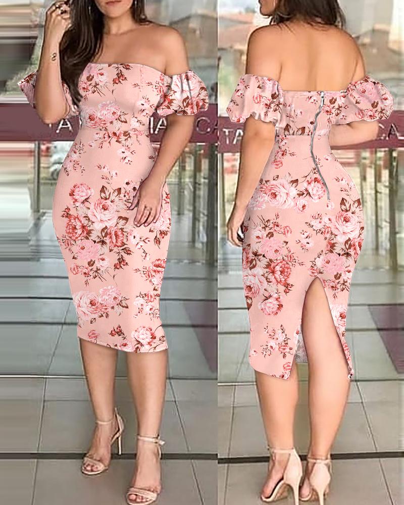 

Floral Print Off Shoulder Bandeau Slit Dress, Pink