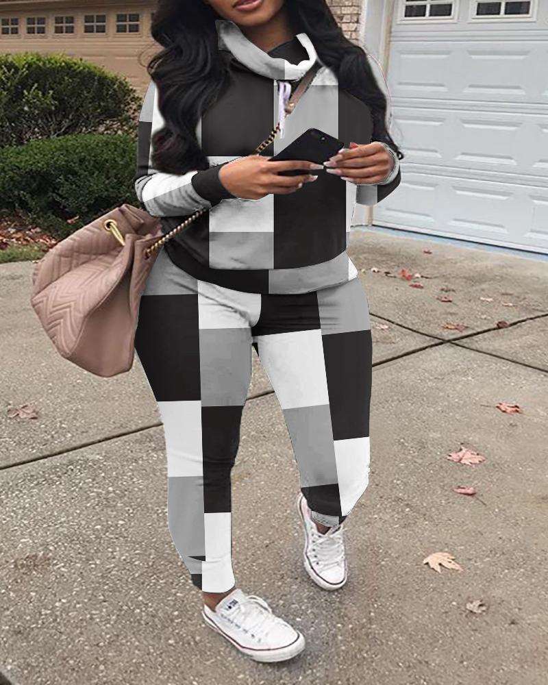 

Plus Size Geometric Print Long Sleeve Hoodie & Pants Set, Blackwhite