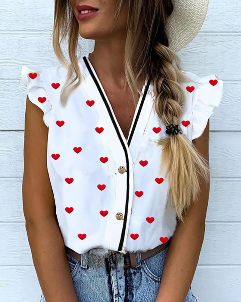 

Heart Print Flutter Sleeve Casual Blouse, White