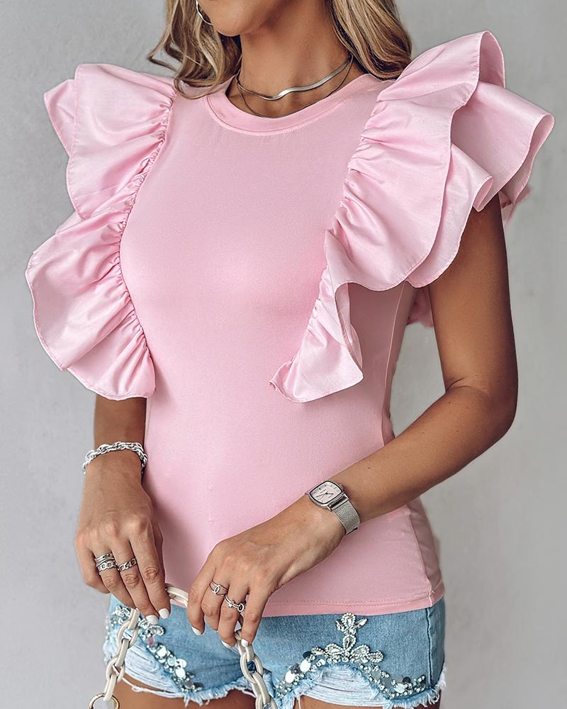 

Ruffle Hem Round Neck Top, Pink