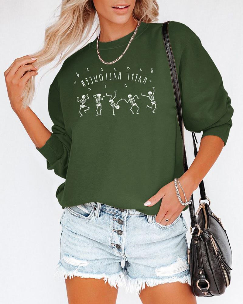 

Halloween Letter Skull Skeleton Print O Neck Sweatshirt, Green