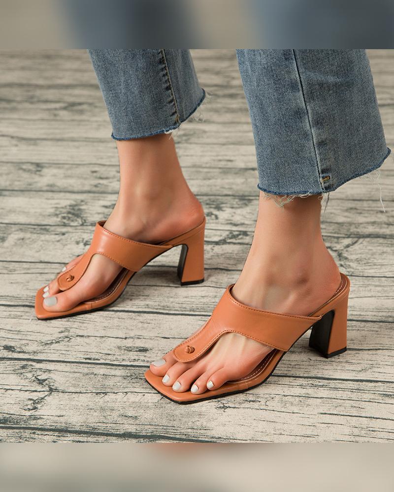 

Solid Sqaure-toe High Heel Sandals, Brown