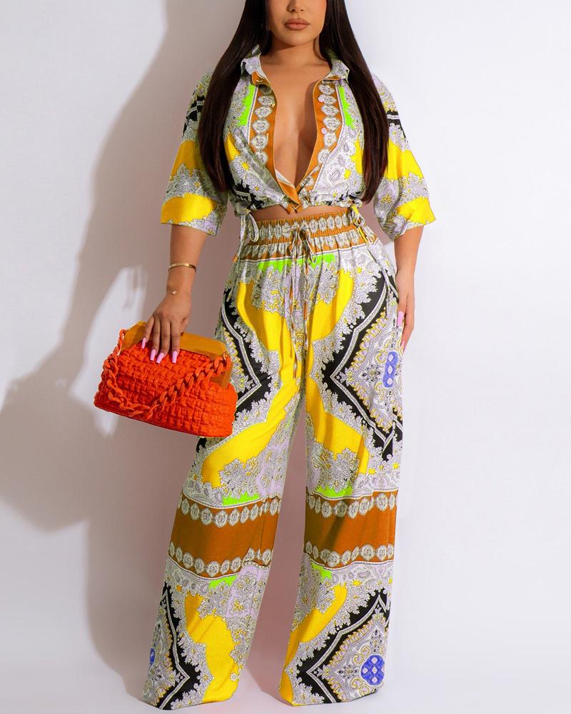 

Paisley Scarf Print Crop Top & Wide Leg Pants Set, Yellow