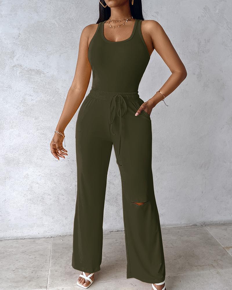 

U-Neck Bodysuit & Drawstring Cutout Wide Leg Pants Set, Green