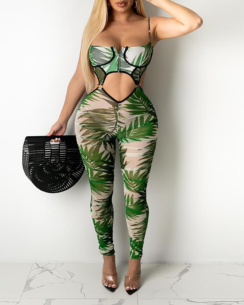 

Tropical Print Cutout Spaghetti Strap Backless Jumpsuit, Green