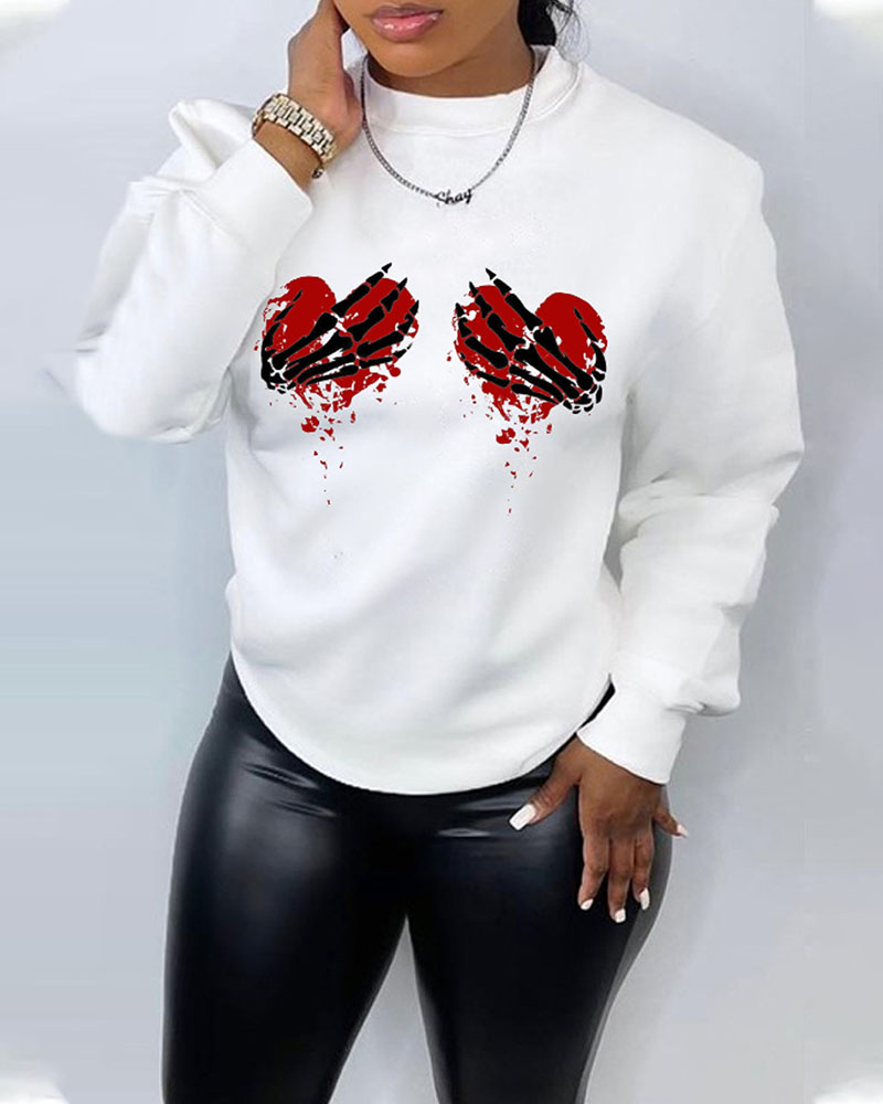 

Plus Size Halloween Skeleton Heart Print Long Sleeve Sweatshirt, White