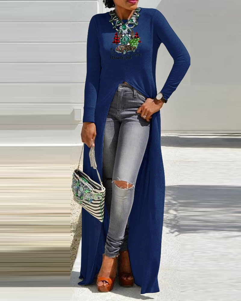 

Christmas Tree Letter Print High Split Longline Top, Blue