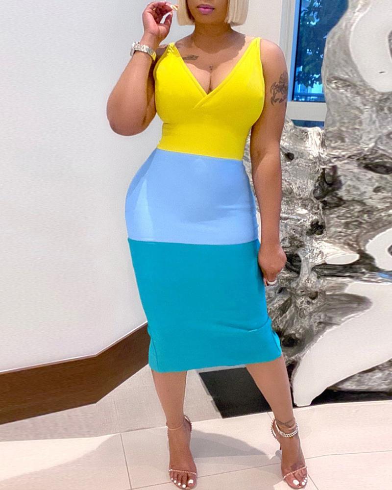 

Colorblock V-Neck Sleeveless Bodycon Dress, Yellow
