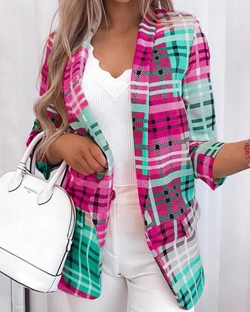 

Plaid Print Flap Detail Shawl Collar Blazer, Green