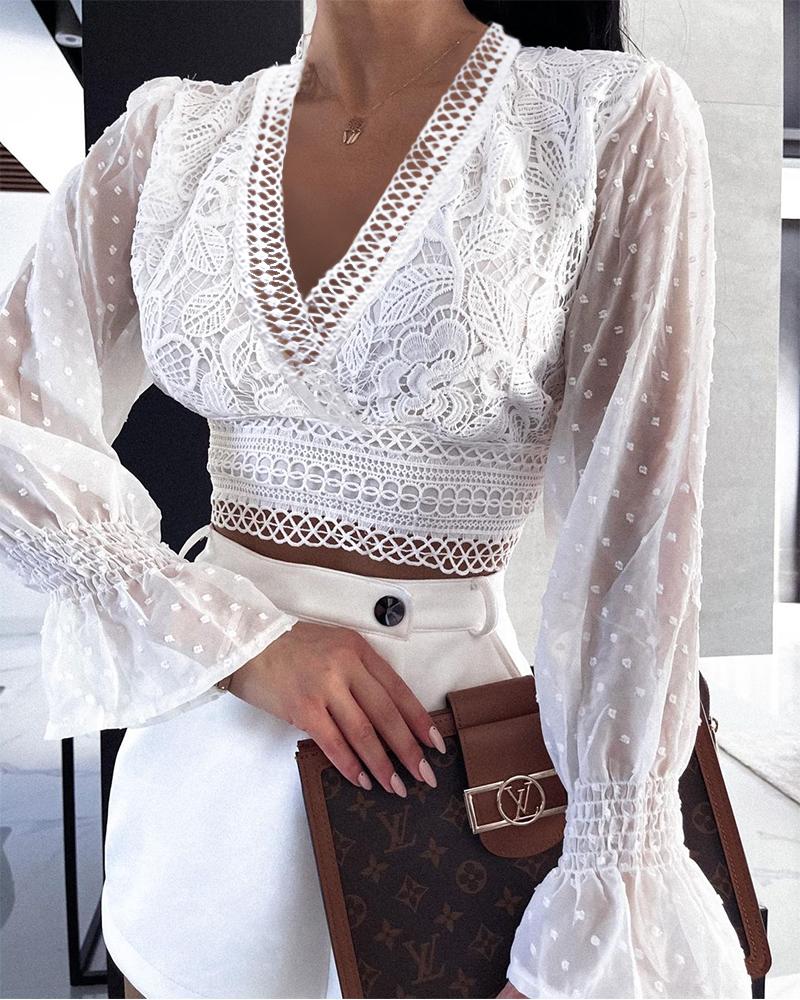 

V-Neck Swiss Dot Bell Sleeve Lace Crop Top, White