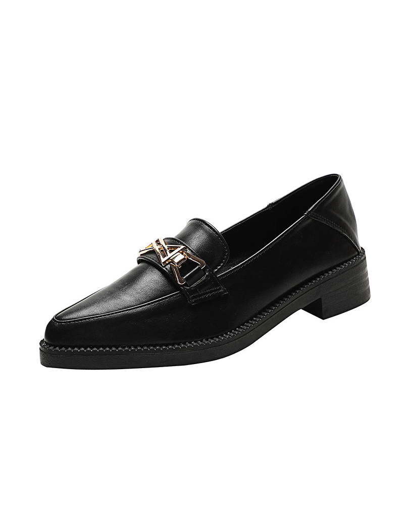 

Pointed-toe Solid Color Splicing Chain Loafers, Black