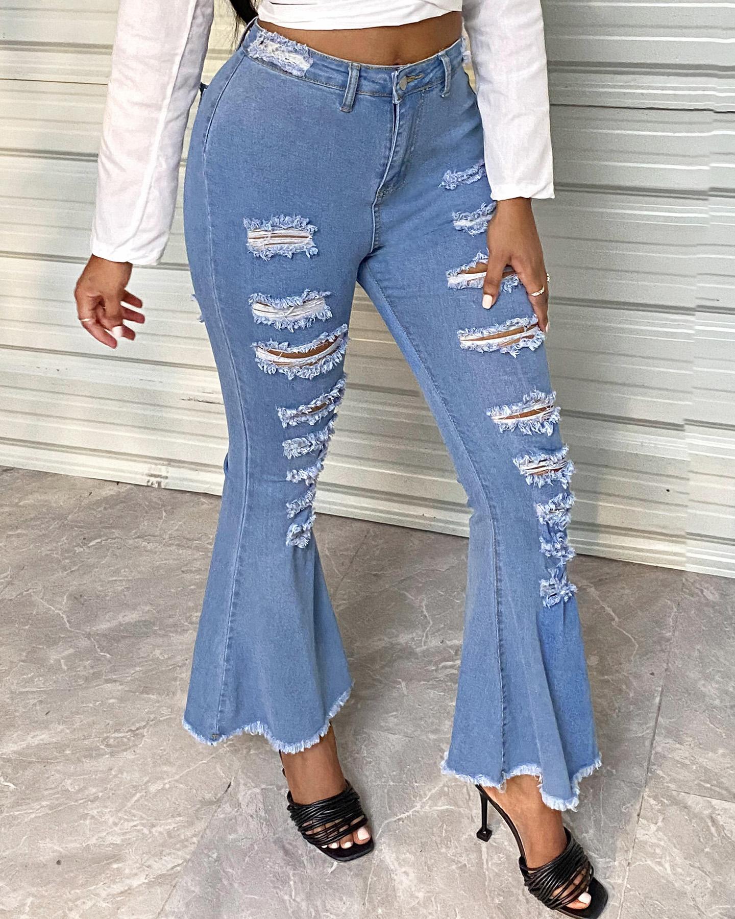 

High Stretch Cutout Ripped Raw Hem Flare Leg Jeans, Blue