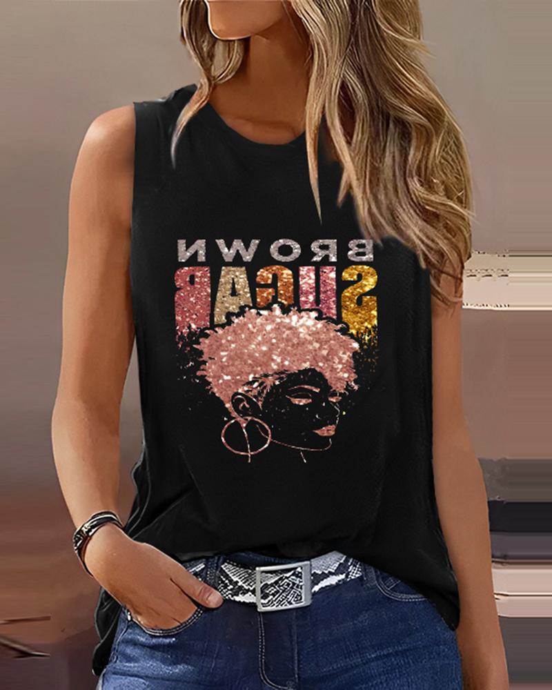 

Brown Sugar Afro Queen Print Casual Tank Top, Black