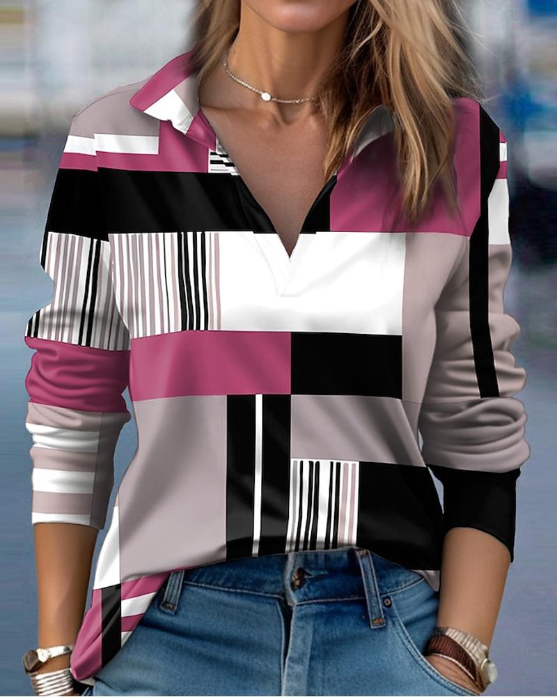 

Geometric Print Colorblock Stand Collar Shirt, Pink