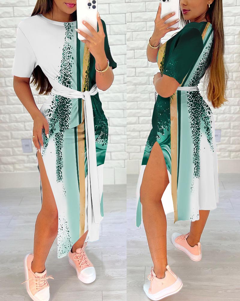 

Tie Dye Print Tied Detail Slit Casual Dress, Green