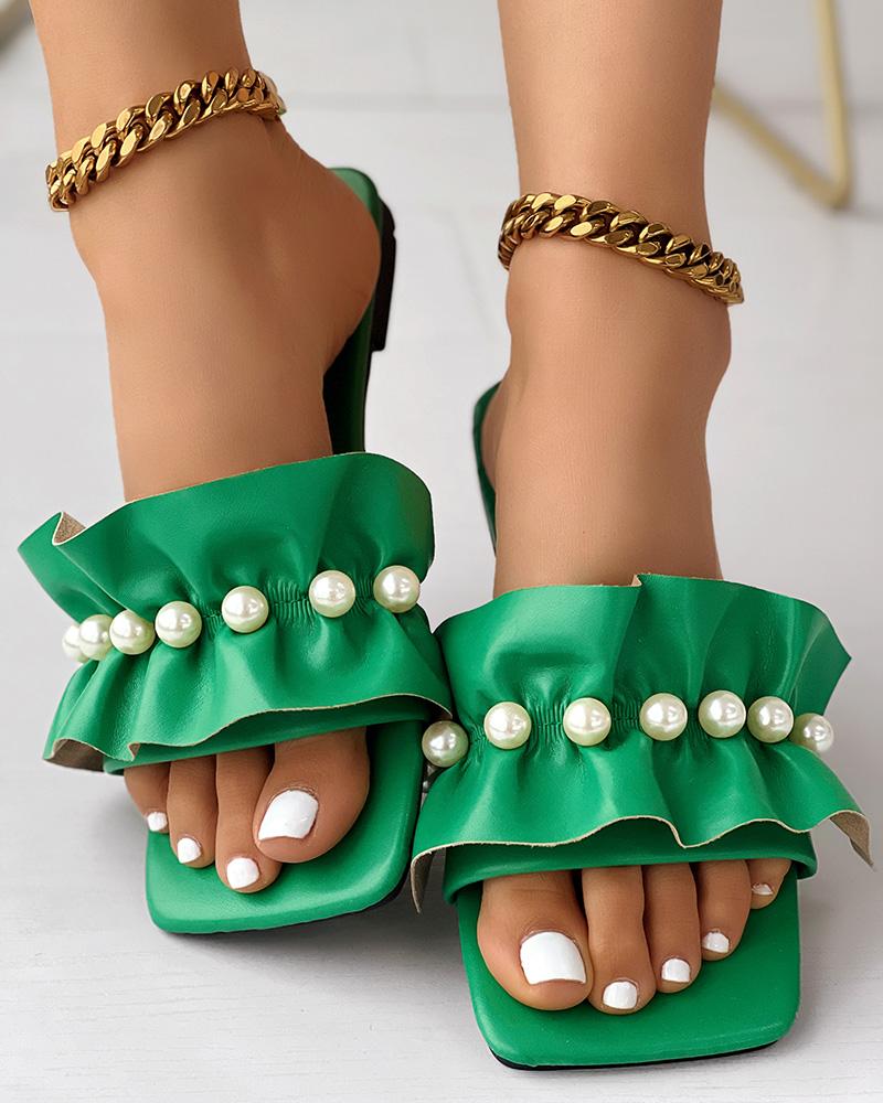 

Pearls Decor Ruffles Beach Slippers Summer Sandals, Green