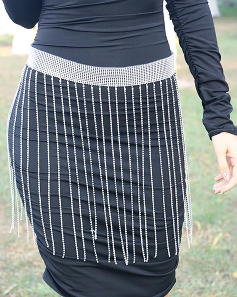 

Tassel Design Rhinestone Decor Waist Chian, Silver