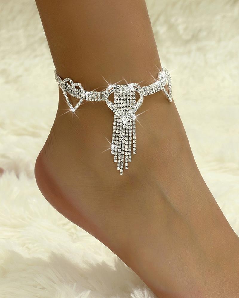 

Rhinestone Heart Tassel Anklet Glitter Crystal Fringe Ankle Bracelet, Silver