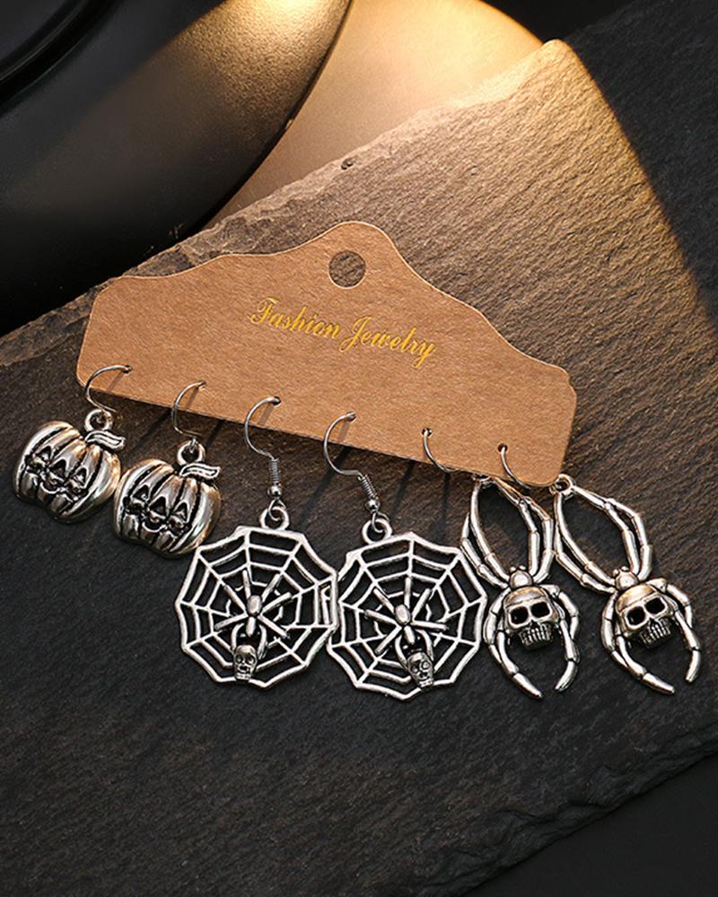 

3Pairs Halloween Skull Spiderweb Pumpkin Face Hook Earrings Set, Silver