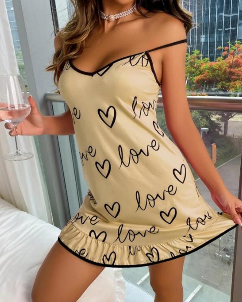 

Heart Letter Print Contrast Binding Ruffle Hem Nightdress, Yellow