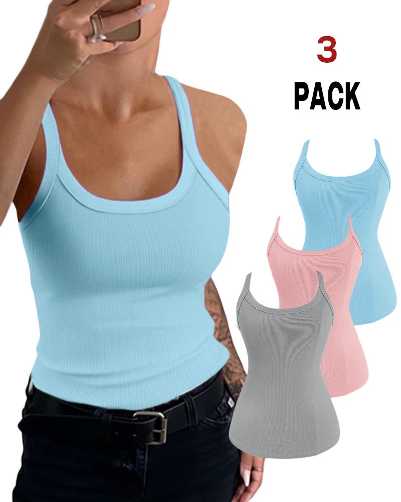 

3 Pieces Scoop Neck Spaghetti Strap Ribbed Top Casual Sleeveless Slim Fit Tank, Style7