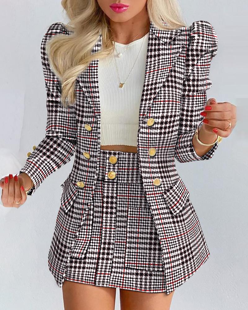 

Plaid Print Puff Sleeve Double Breasted Blazer & Skirt Set, Blackwhite