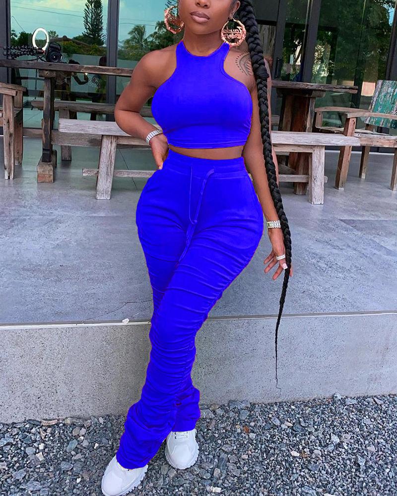 

Sleeveless Crop Top & Ruched Bootcut Pants Set, Blue