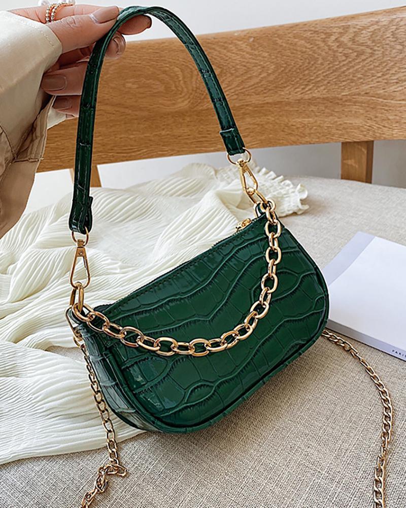 

Chain Strap Croc Embossed Baguette Bag, Green