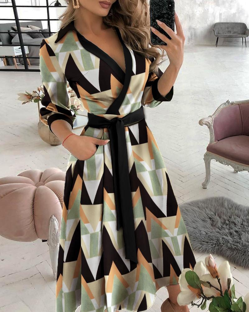 

Geo Pattern Graphic Print Pocket Design Wrap Dress, Multicolor