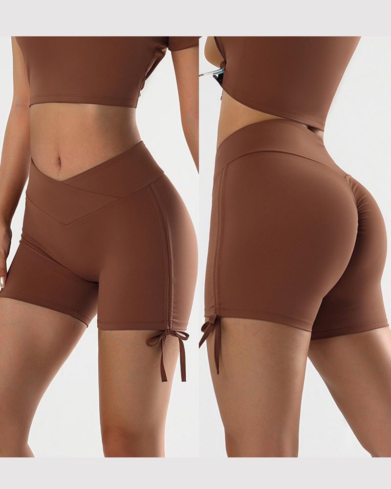 

High Waist Drawstring High Waist Sports Yoga Shorts, Coffee