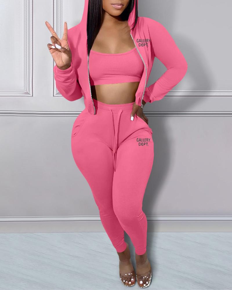 

Zipper Design Hoodie & High Waist Pants Set With Bralette, Pink
