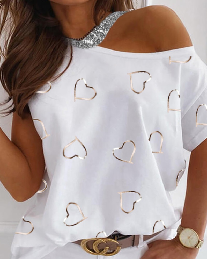 

Heart Print Sequins One Shoulder Short Sleeve Top, White