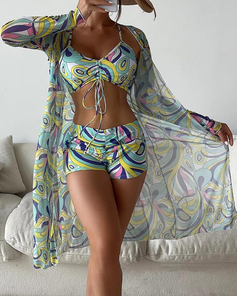 Conjunto de bikini con cordón y estampado completo de 3 piezas con cubierta