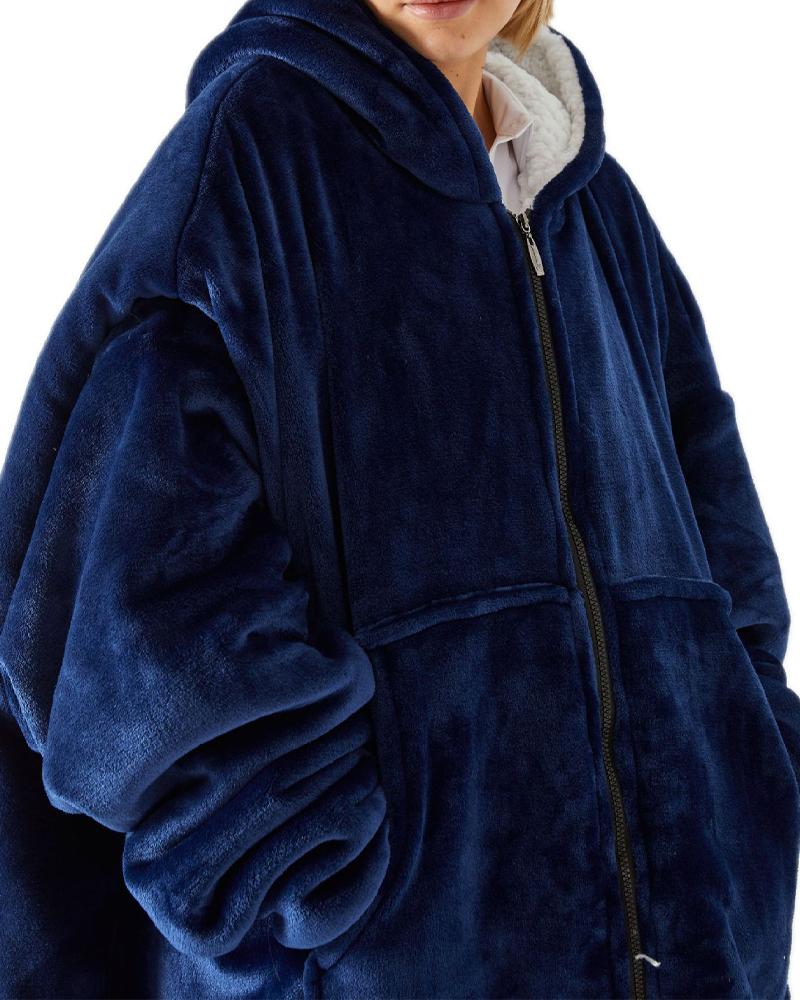 

Warm Fleece Lined Fluffy Oversized Wearable Blanket Hoodie, Purplish blue