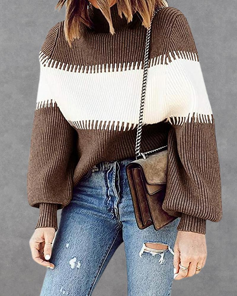 

Colorblock Ribbed High Neck Sweater, Brown