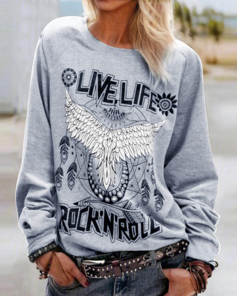 

Letter Eagle Print Long Sleeve Top, Gray
