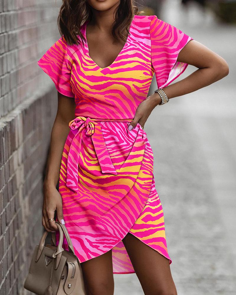 

Short Sleeve V-Neck Belted Zebra Stripe Print Dress, Hot pink