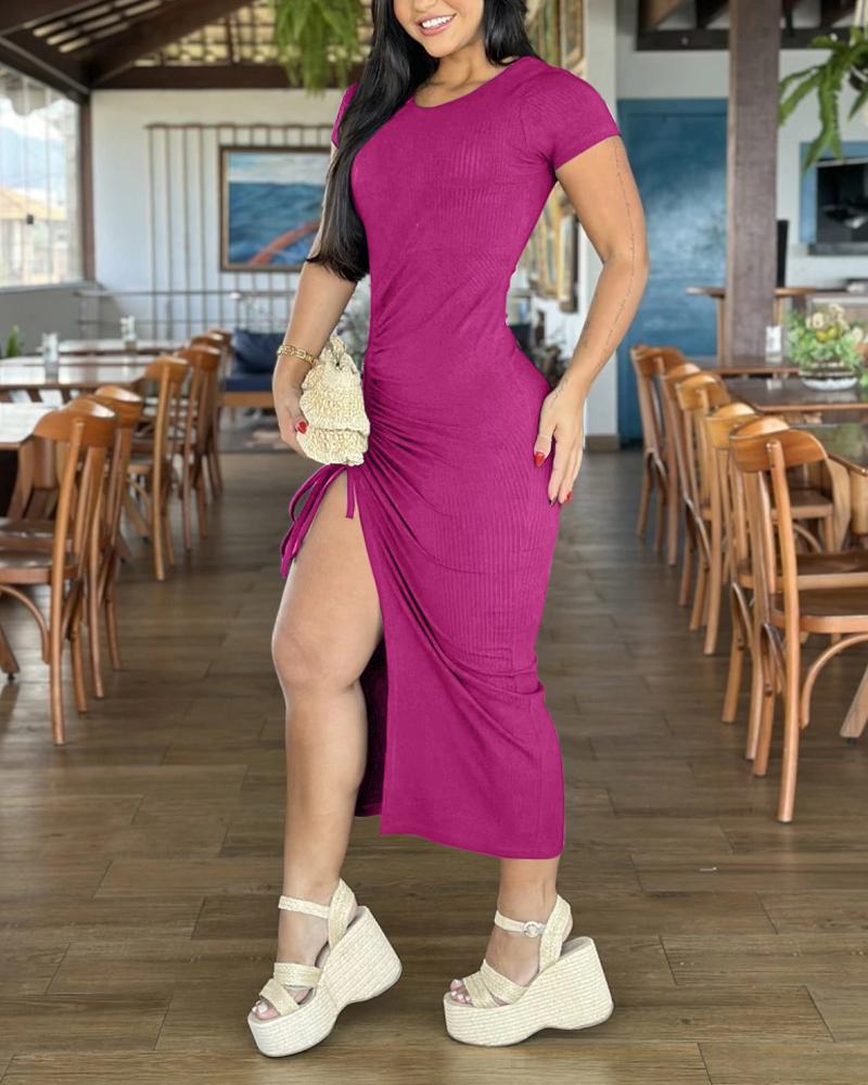 

Side Slit Drawstring Bodycon Dress, Hot pink