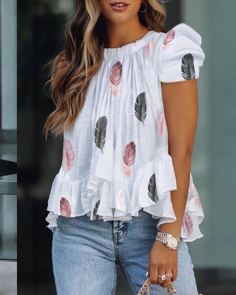 

Feather Print Ruffle Hem Puff Sleeve Top, White