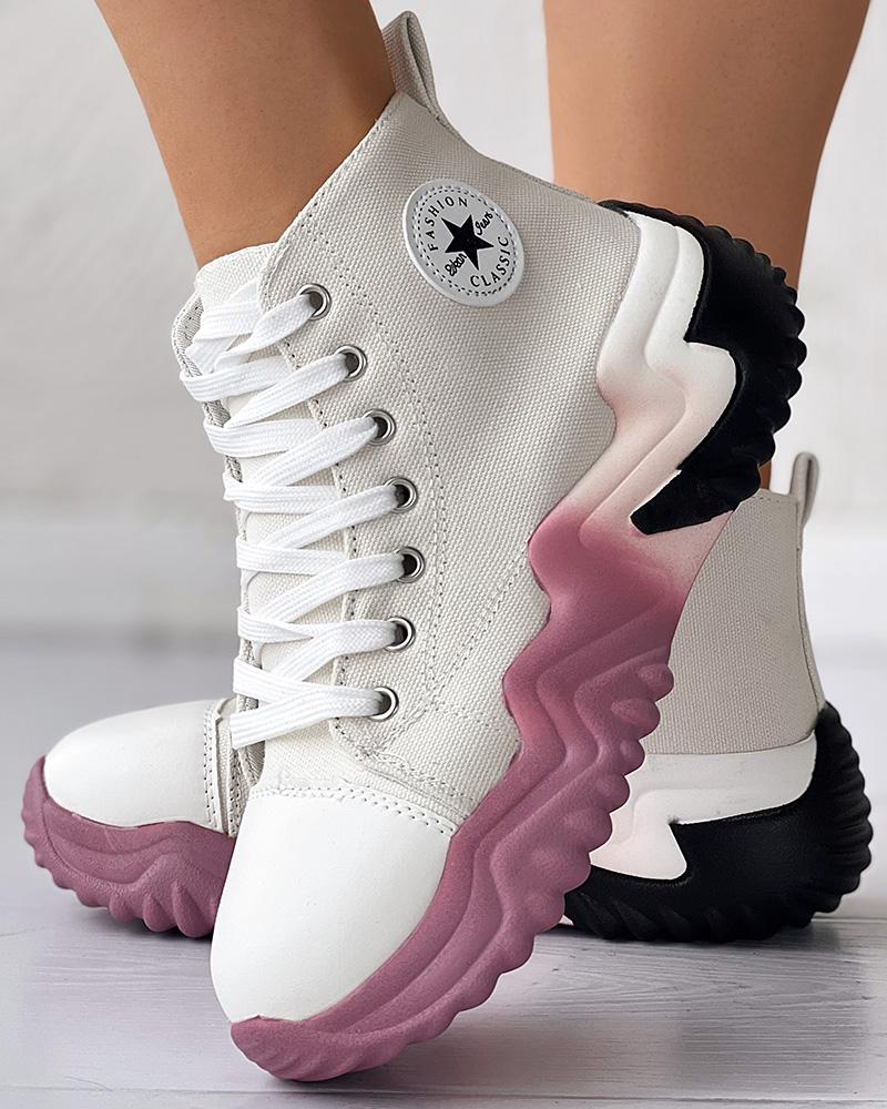 

Colorblock Lace-up Platform Canvas Sneakers, White&purple