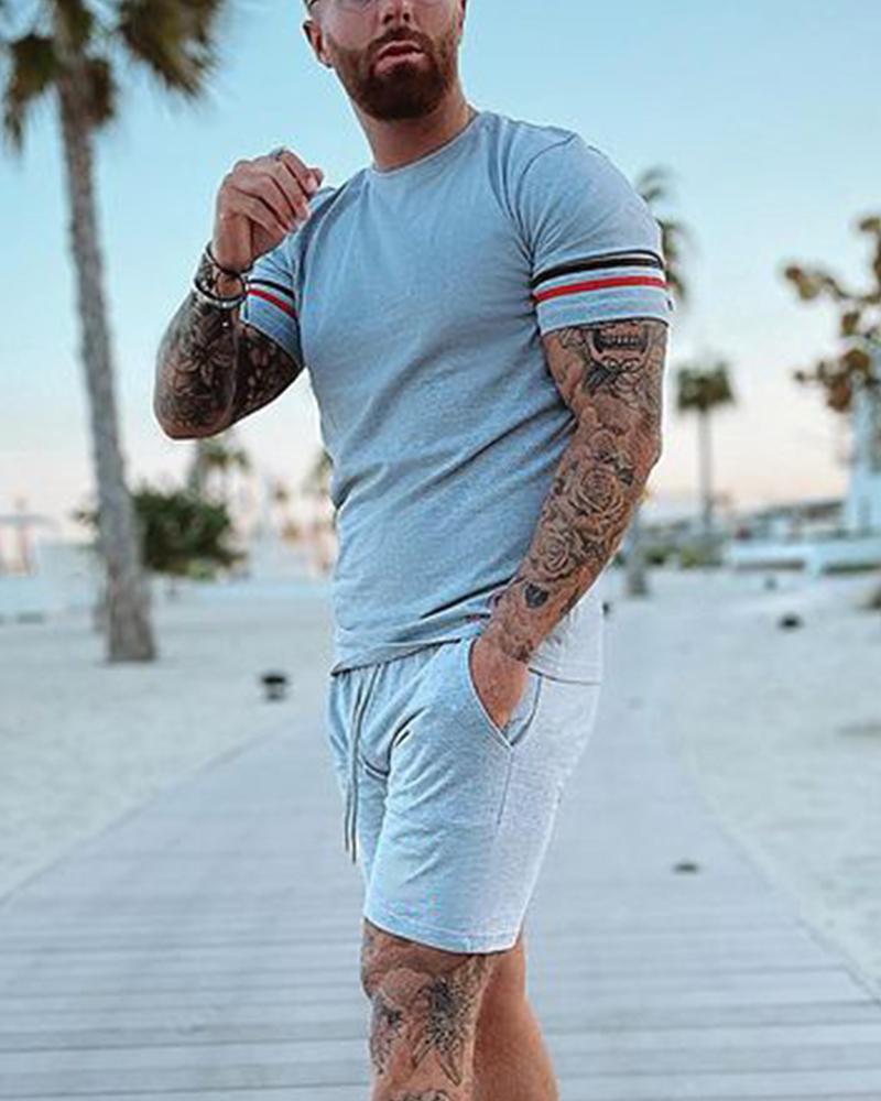 

Color Striped Short Sleeve Skinny T-shirt With Shorts Suit Sets, Gray